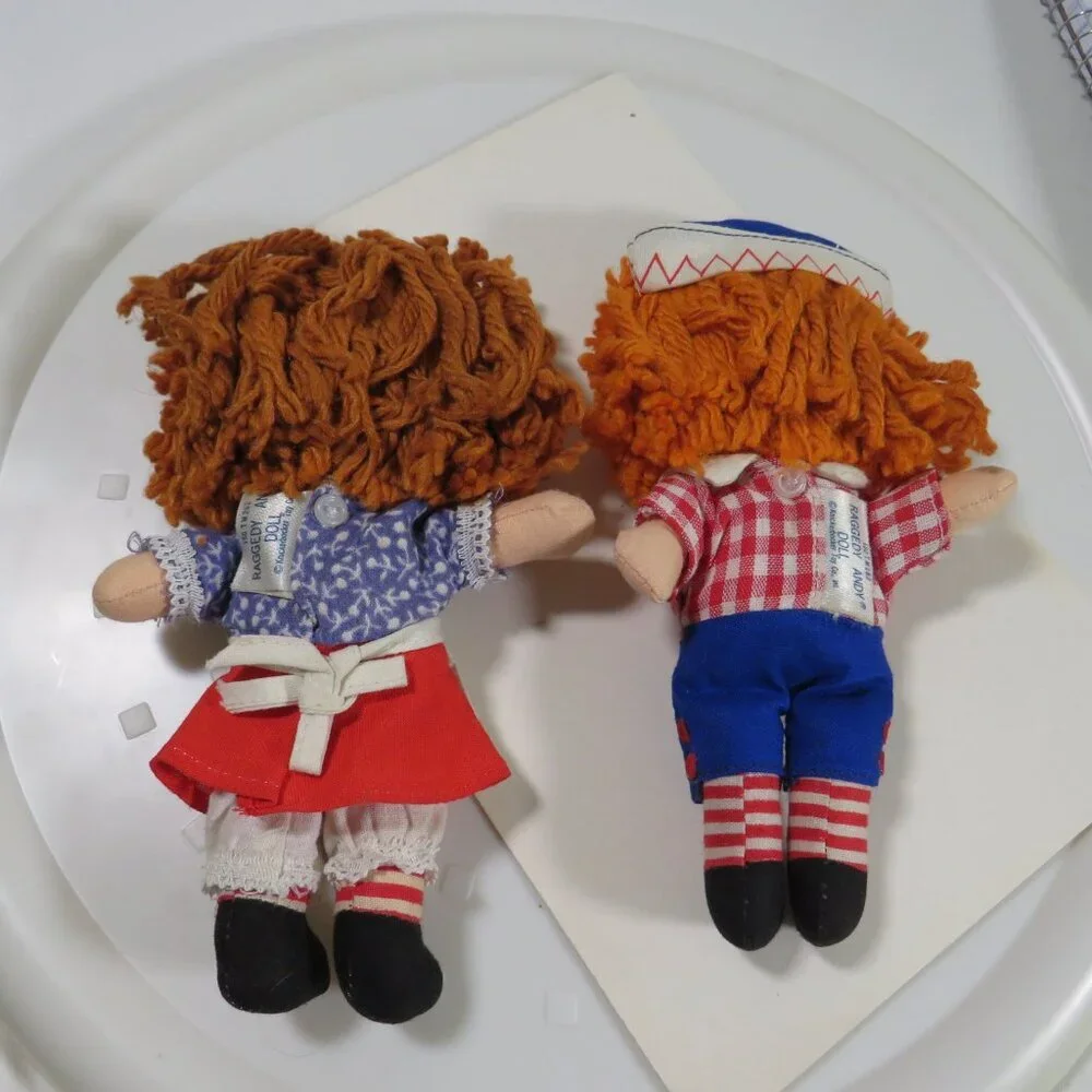 Vintage 1970s Knickerbocker Raggedy Ann and Andy Soft Dolls, 6in tall